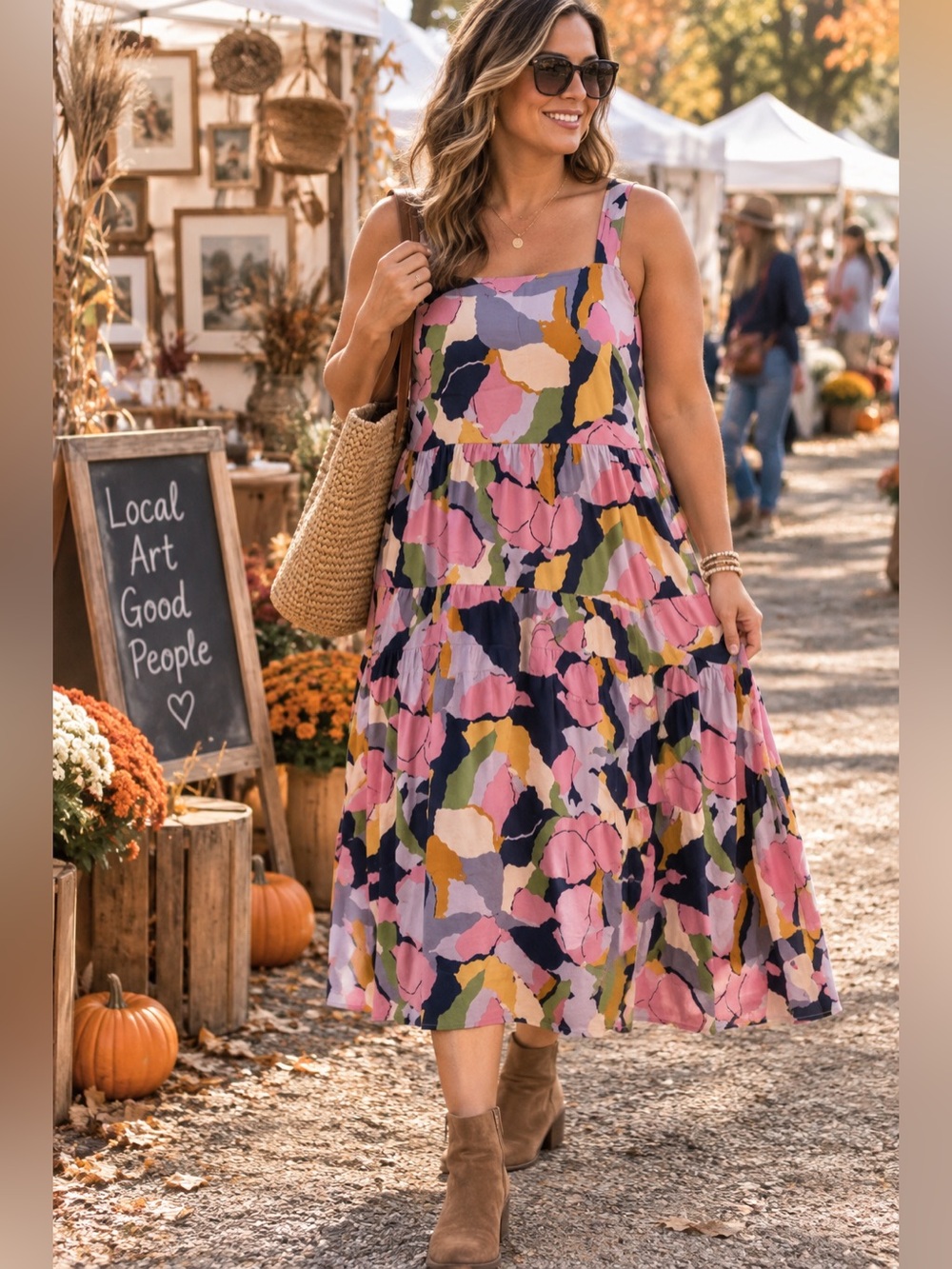 Ava & Viv Multicolor Abstract Floral Tiered Midi Sundress 1X